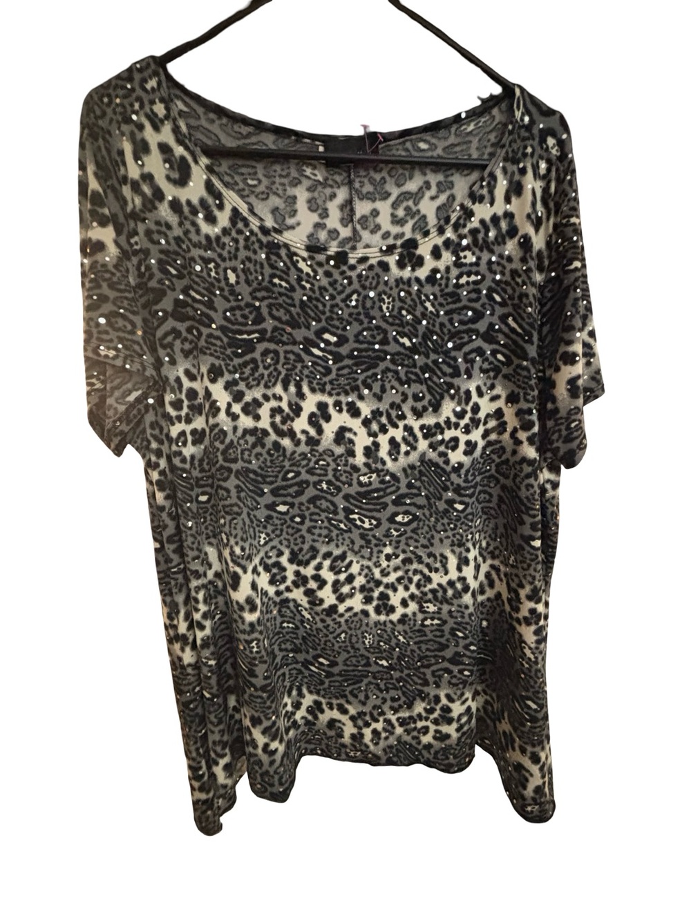 Brittany Black Short Sleeve Sequenced Leopard Print Top XL